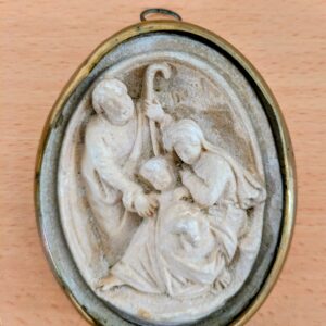 Plaque murale religieuse ancienne – Nativité – cadre laiton